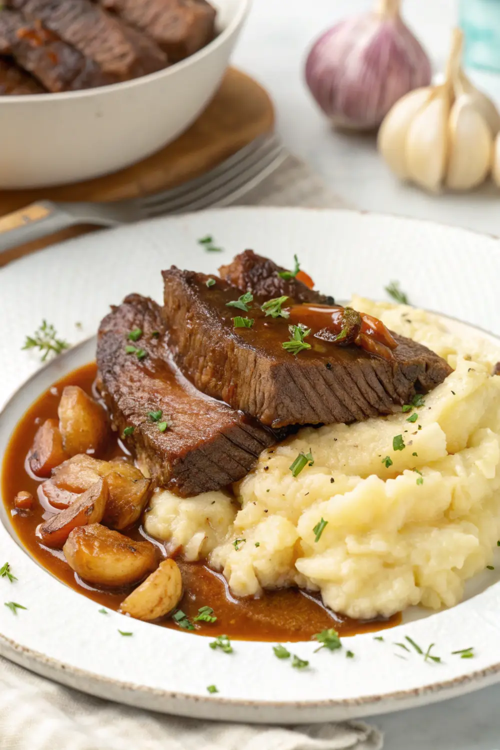 Smashed potatoes, garlic sauce, and slow-cooked beef brisket, perfect for clean eating dinner recipes