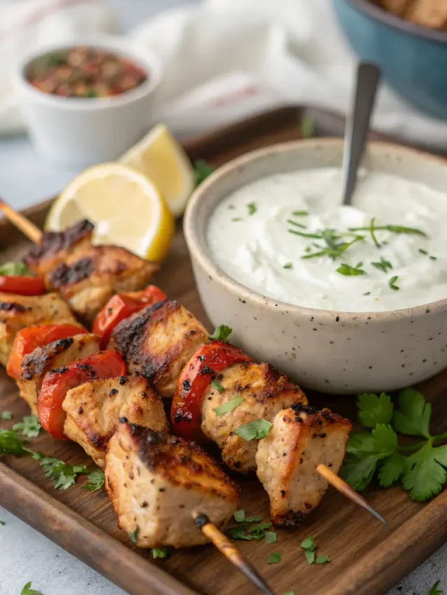 Charred chicken shish tawook skewers with garlic sauce and fries
