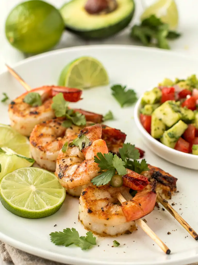 Grilled Garlic Lime Shrimp with Avocado Salsa