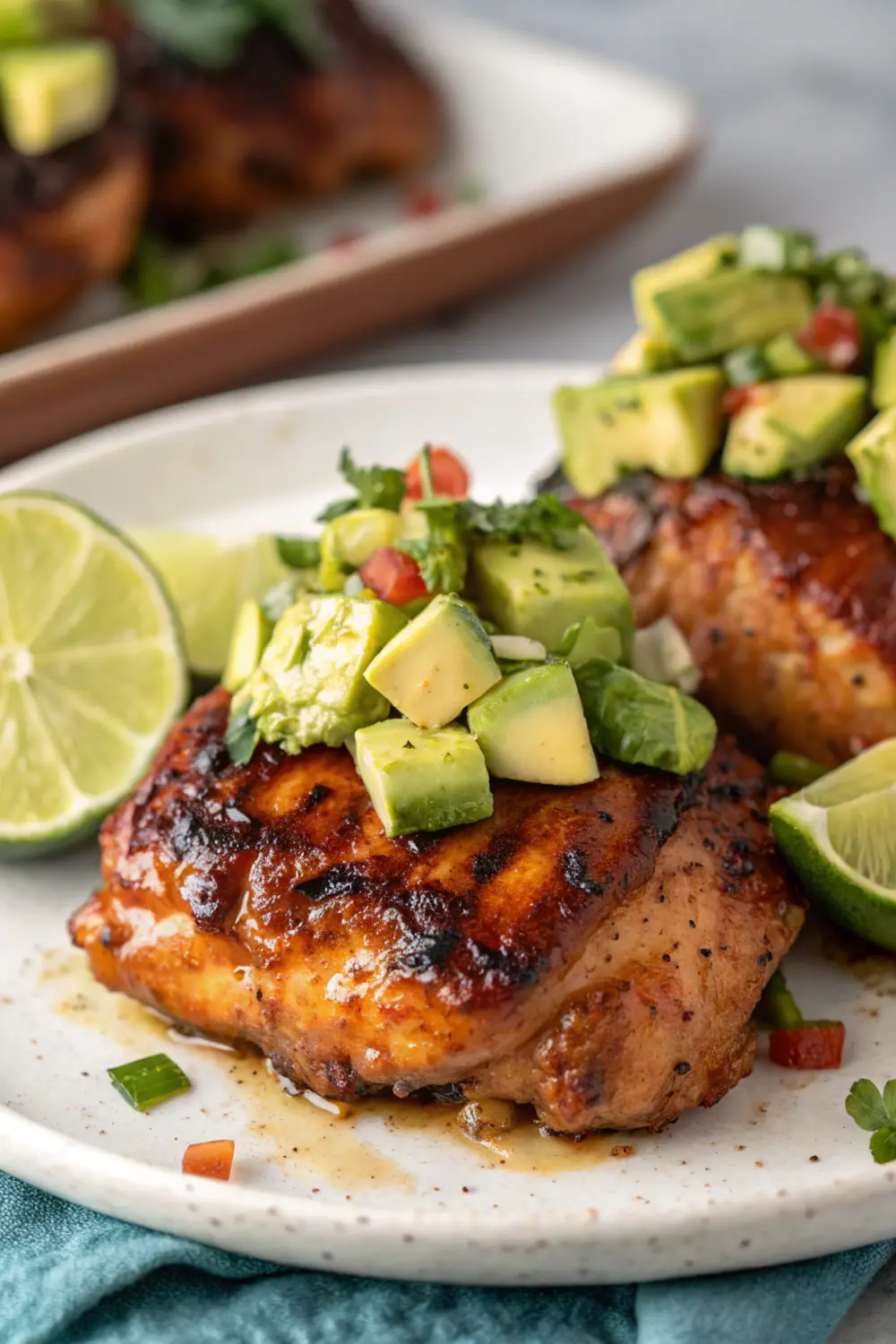 Oven roasted chicken thighs with avocado are great for a low carb high protein diet plan