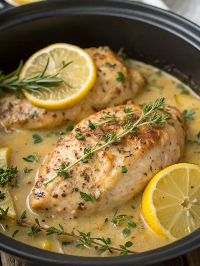 Creamy slow cooker lemon herb chicken with potatoes in a white crock