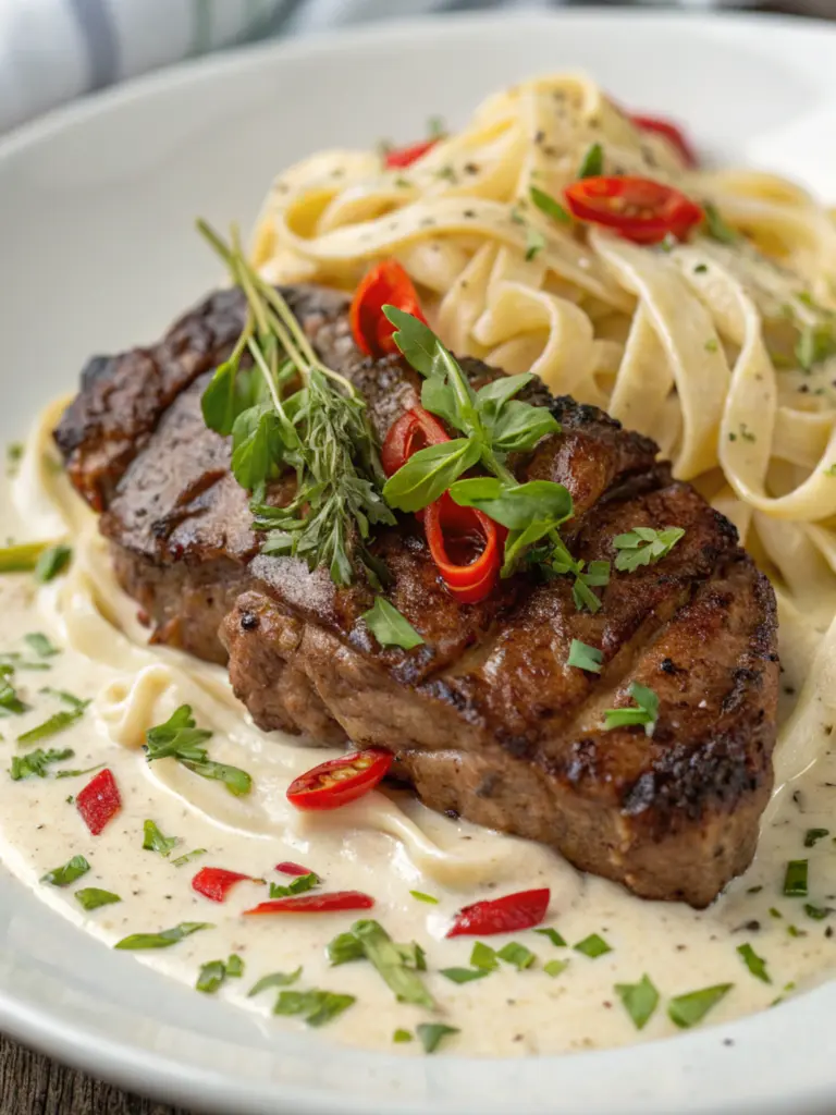 Spicy Cajun Steak Gorgonzola Alfredo with Creamy Pasta