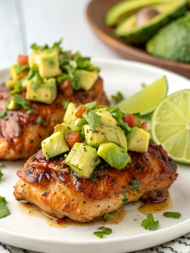 Oven roasted chicken thighs glazed with hot honey over avocado salsa