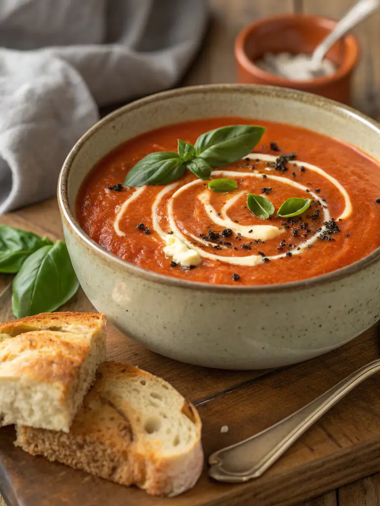 Creamy Tomato Basil Soup with Roasted Red Pepper