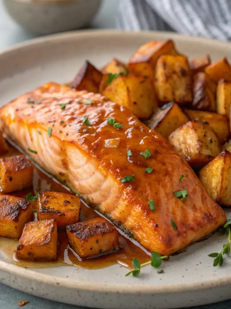 Maple Glazed Salmon with Roasted Sweet Potatoes