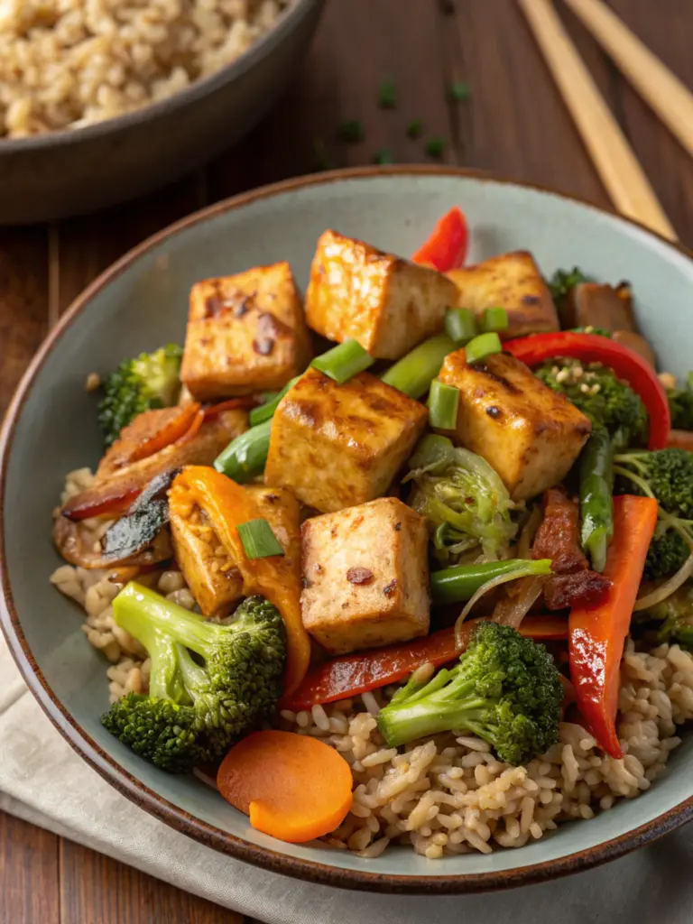 Vegan Tofu Stir Fry with Brown Rice and Garlic Sauce