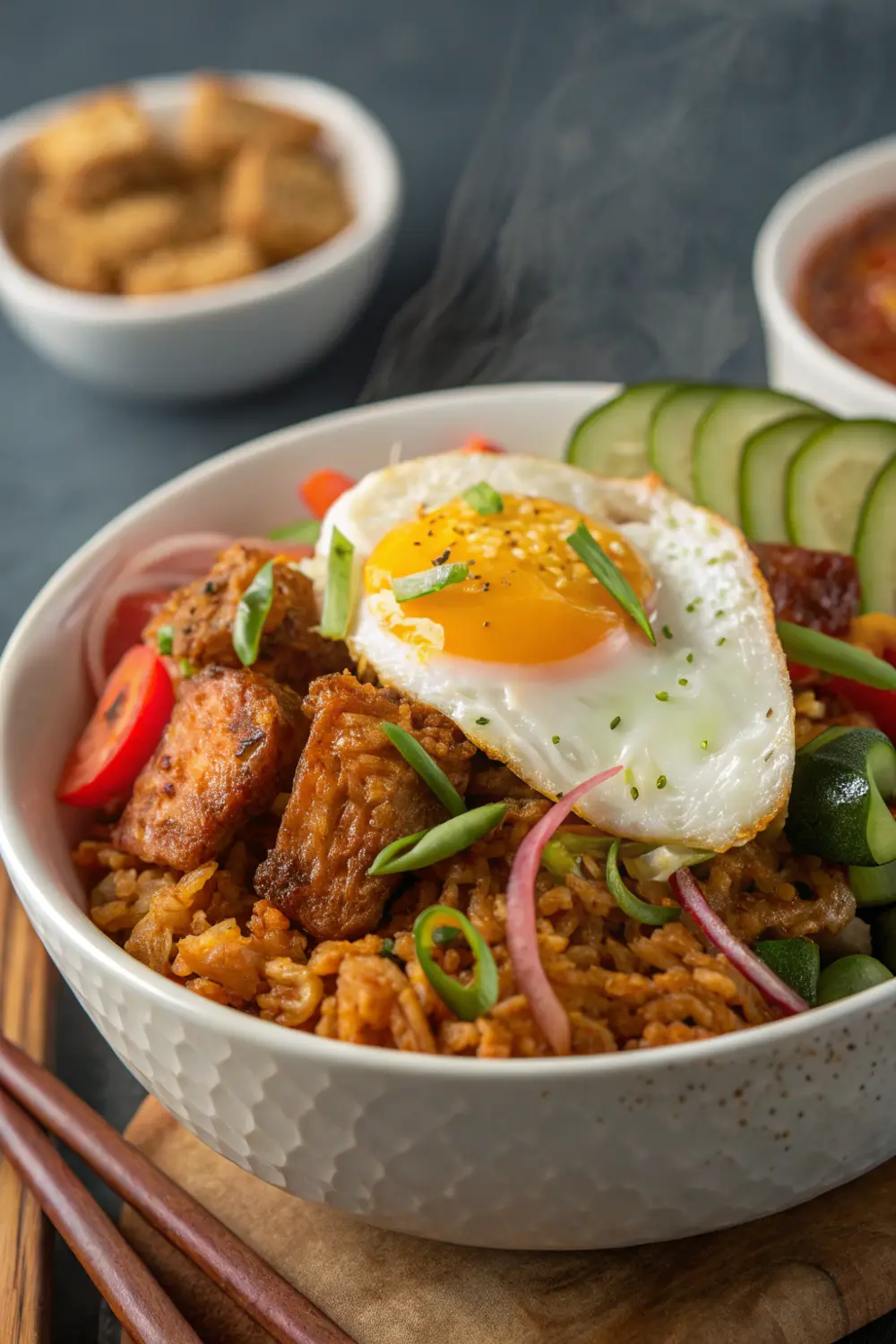 Indonesian nasi goreng with fried rice, tempeh, crunchy veggies, and a fried egg on top, perfect for clean eating for beginners