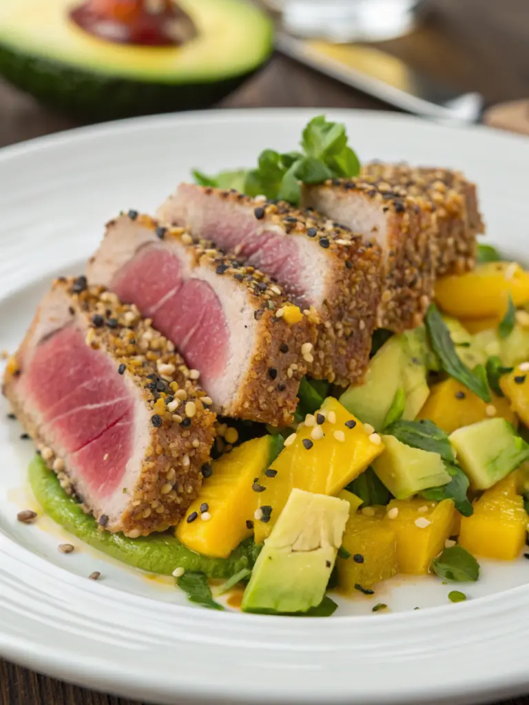 Sesame Crusted Tuna with Mango Salsa and Avocado