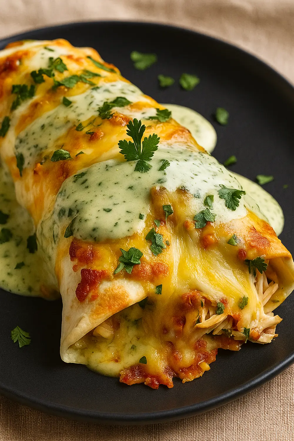 Golden baked chicken burritos covered in melted cheese and creamy herb sauce on a black plate