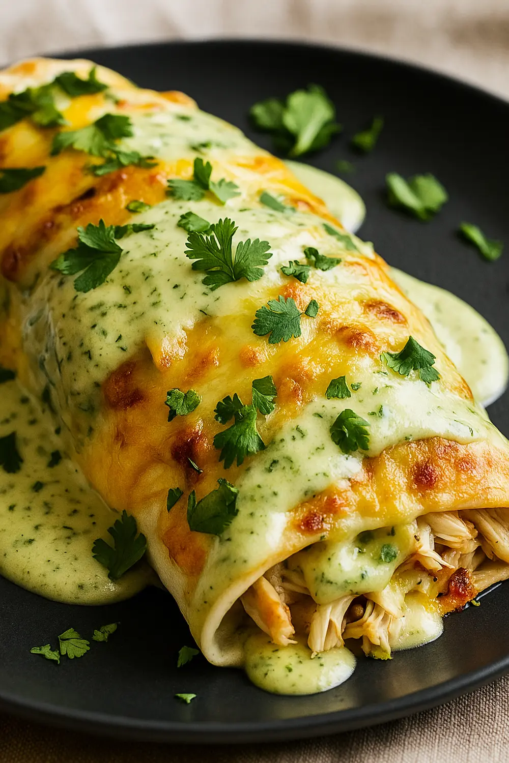 The best chicken burrito recipe made with cheese, creamy sauce, and fresh herb topping