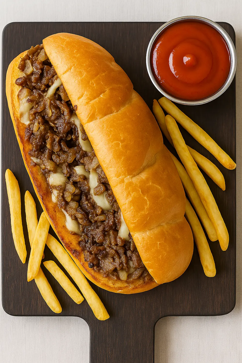 The best Philly cheese steak sandwich served in a toasted bun with beef, melted cheese, and fries