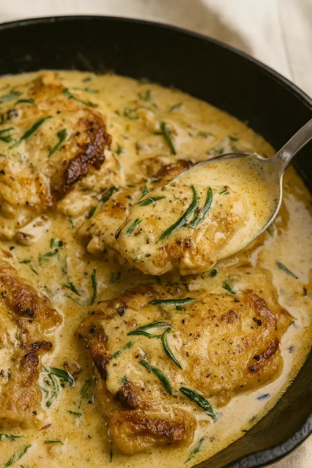 Creamy tarragon chicken in a light mustard sauce with fresh herbs