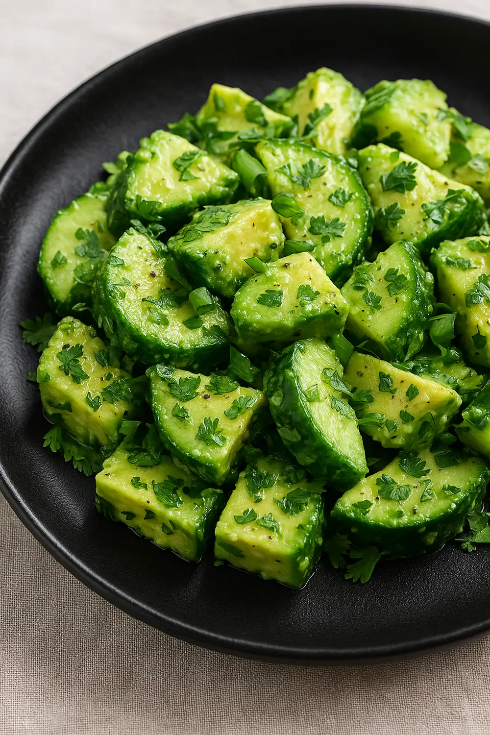 A fresh and vibrant Easy Cucumber Avocado Salad recipe featuring chunks of creamy avocado, crisp cucumber slices, and fresh parsley.