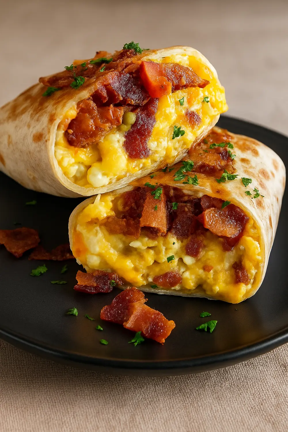Keto Breakfast Burrito For A Low Carb Breakfast made with scrambled eggs, bacon, and a low carb tortilla, perfect for carb cycling for women.