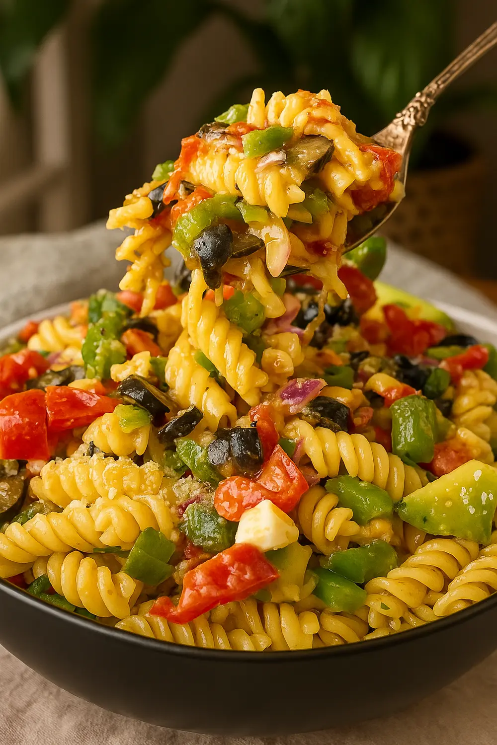 Easy Italian Pasta Salad Recipe made with whole wheat rotini pasta, olives, and mixed veggies, perfect for a calorie deficit lunch meal.