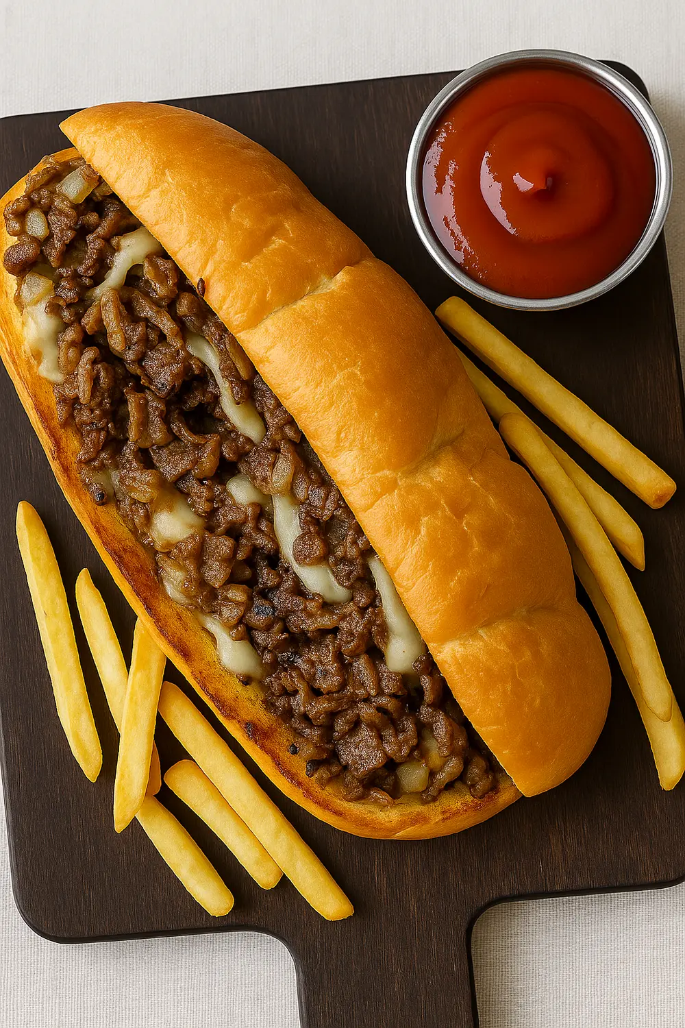 Easy Philly cheese steak sandwich with ground beef, melted cheese, and a golden hoagie roll on a wooden board.