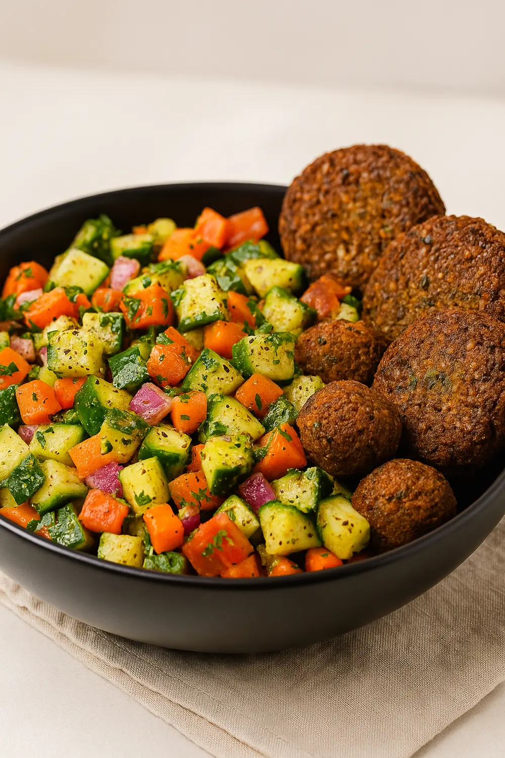 Crispy falafel salad or Jerusalem salad served with a vibrant chopped vegetable salad.