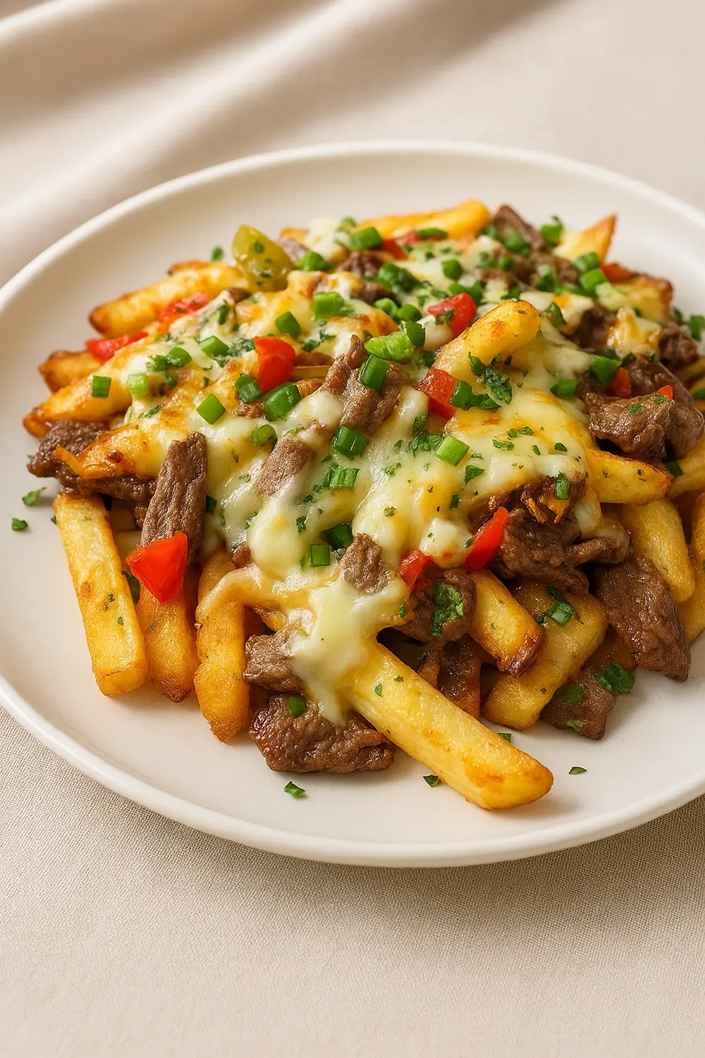 Philly Steak And Cheese Fries, a high carb meal for those on the carb cycling meal plan for beginners.