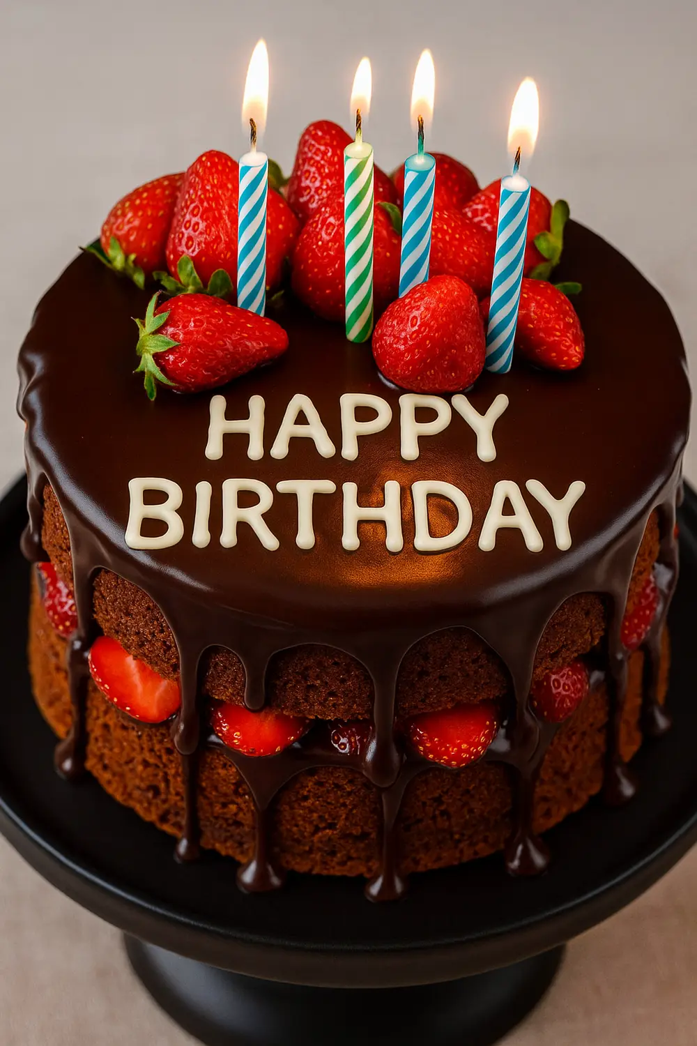 Chocolate Strawberry birthday cake with chocolate frosting and fresh strawberries on top