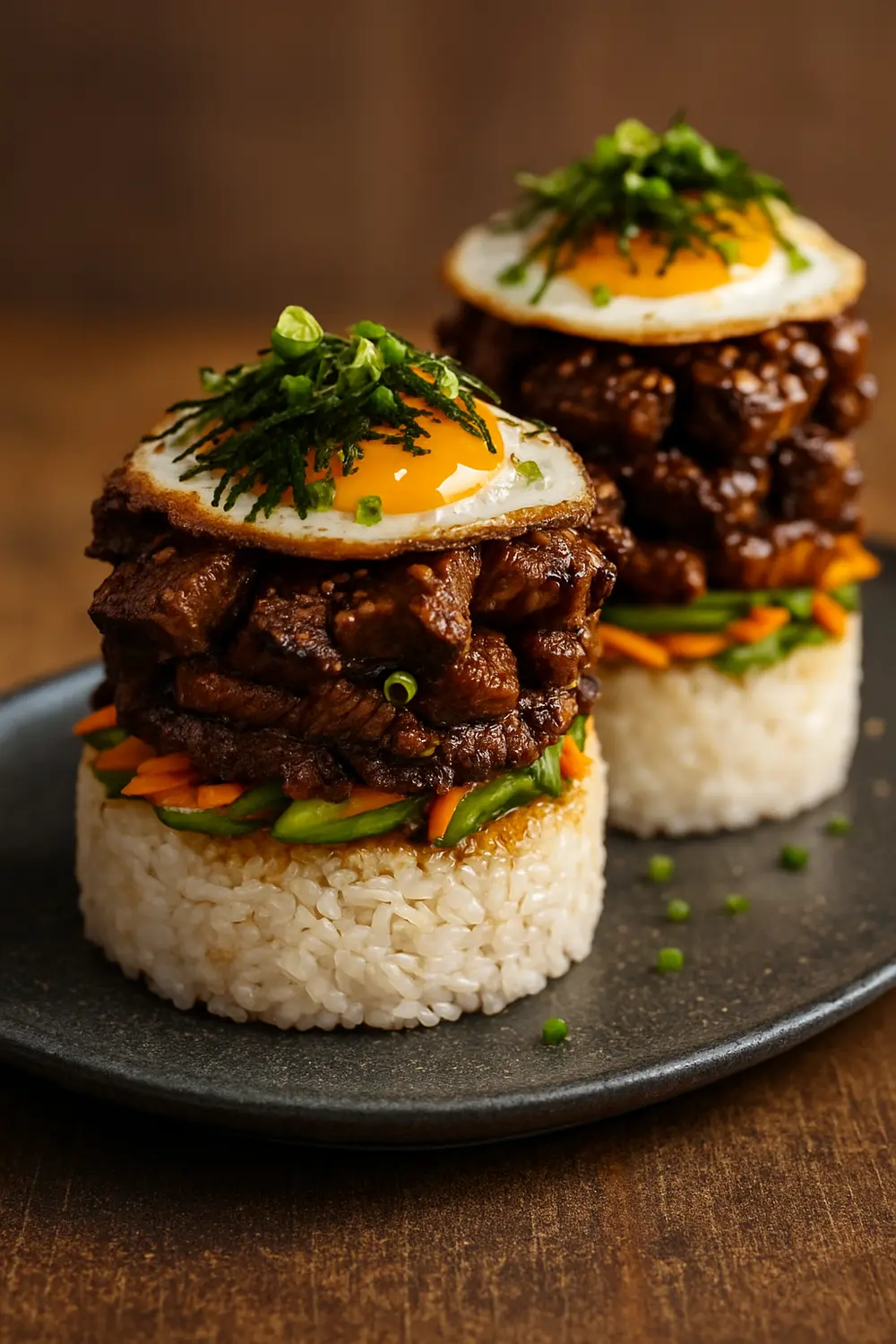 Stacked Korean BBQ beef and egg over basmati rice, a creative option for rice diet recipes.