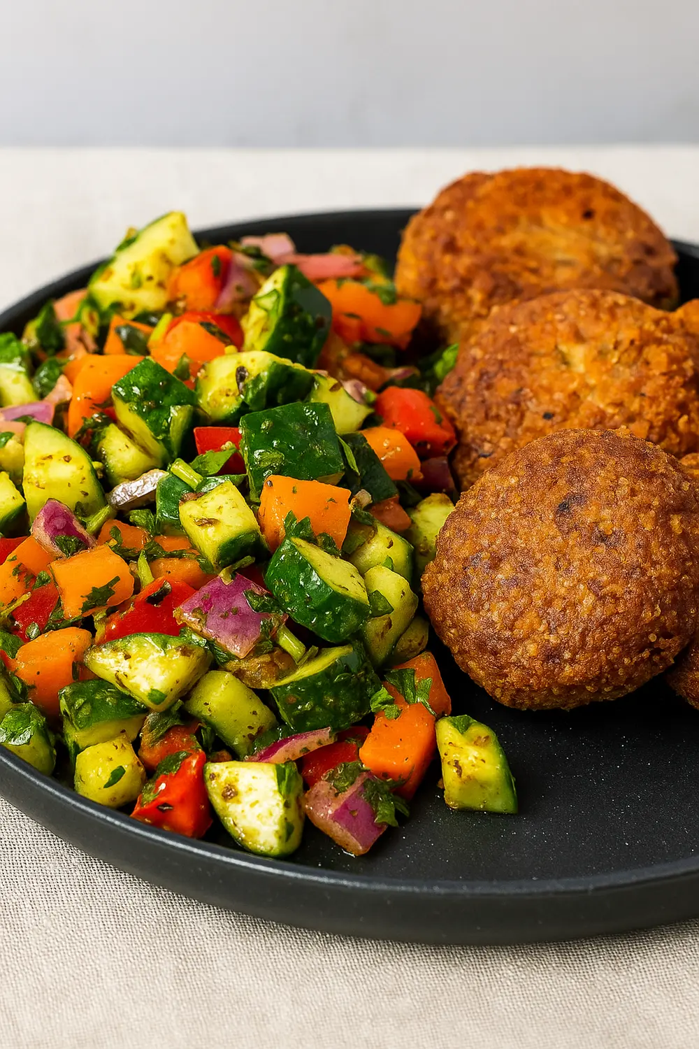 Traditional Jerusalem salad recipe featuring chopped vegetables, accompanied by falafel on the side.