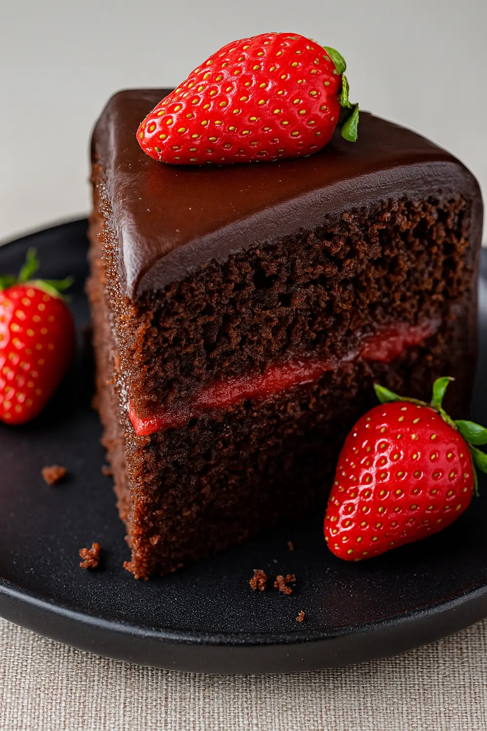 A slice of chocolate strawberry cake on a black plate topped with fresh strawberries.