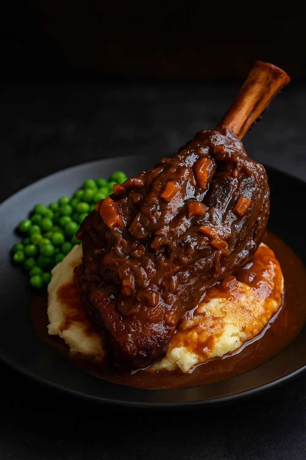 One of the best low carb meals featuring tender lamb shanks slow-cooked in a rich and savory broth, and served with green peas and cauliflower mash.