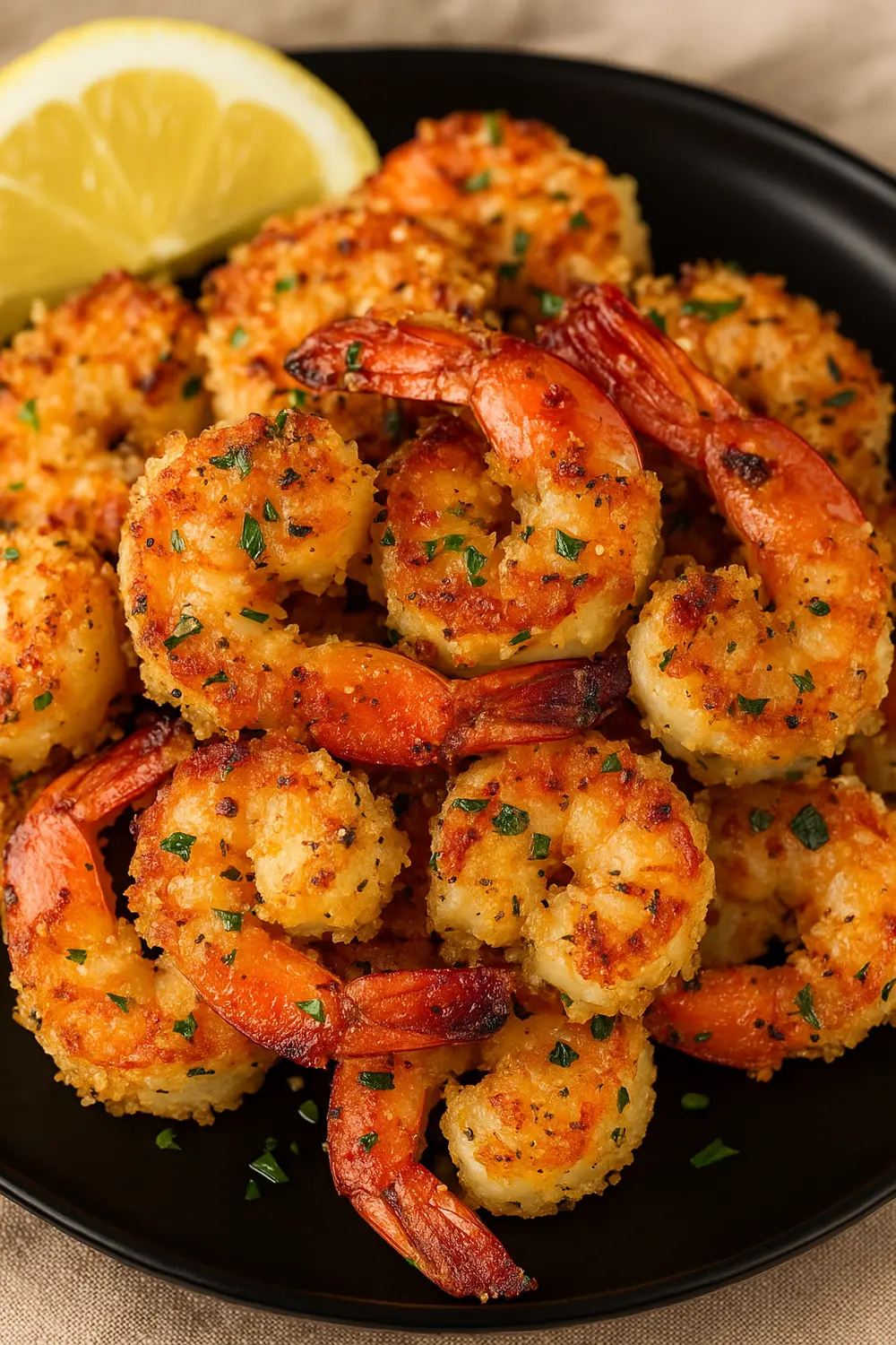 Golden brown air fryer fried shrimp or air fried shrimp seasoned with herbs and breadcrumbs, served with lemon wedges on a black plate