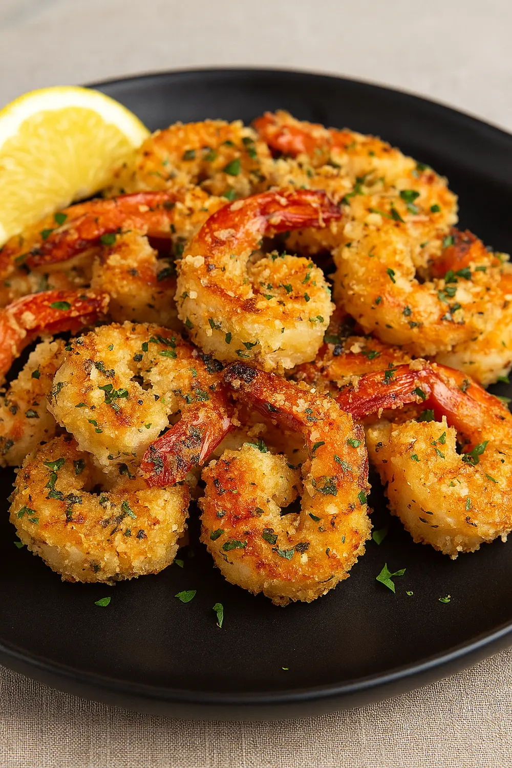 Crispy air fryer garlic Parmesan shrimp with golden breading, sprinkled with herbs, and served with lemon wedges