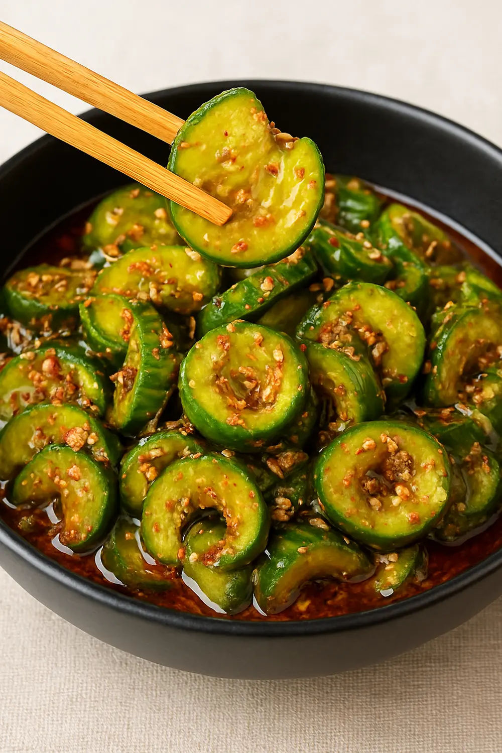 Asian cucumber salad recipe with cucumbers, sesame seeds, garlic, and chili oil.