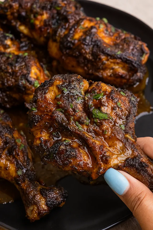 Grilled BBQ chicken with caramelized glaze and fresh herbs