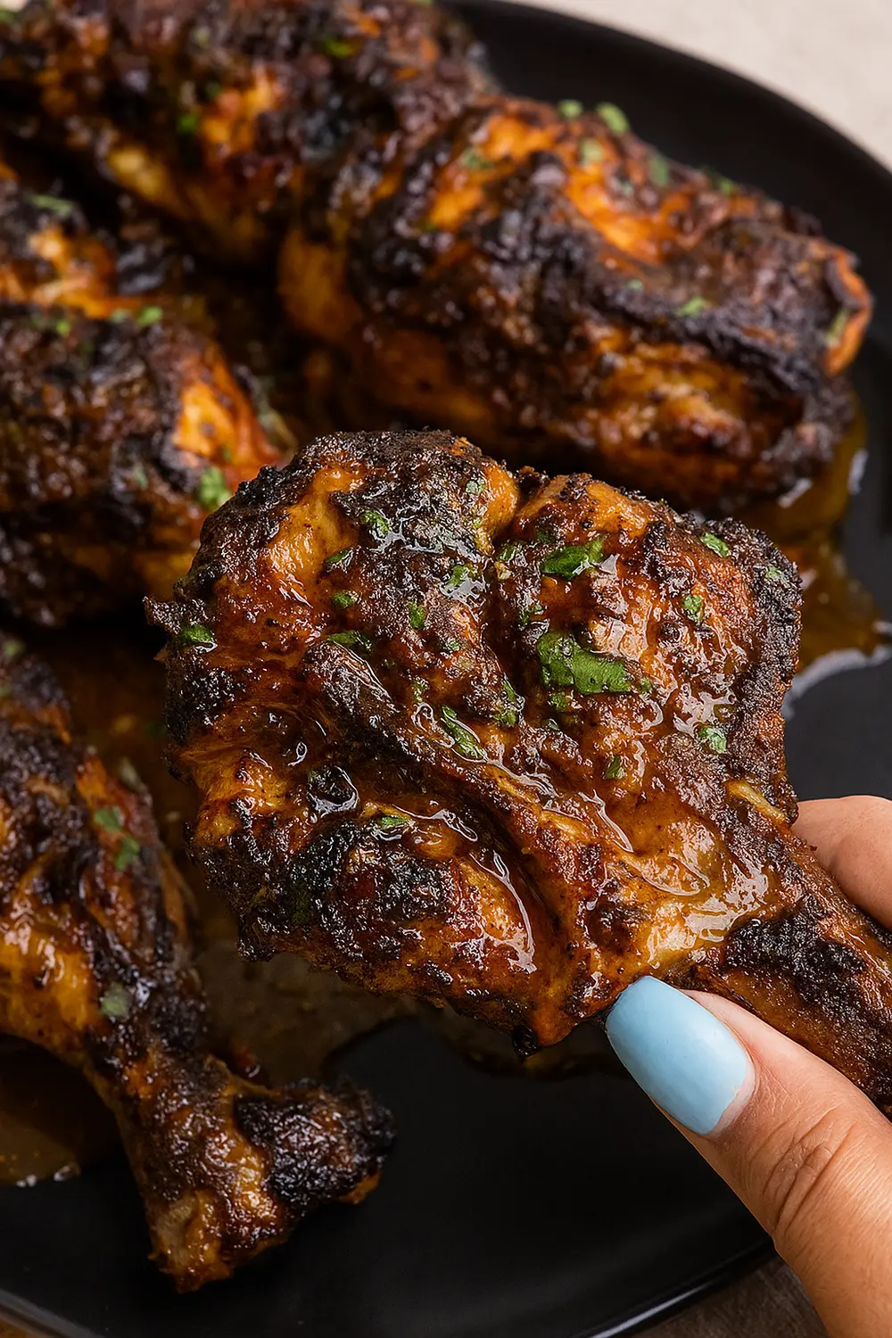 High protein low carb meal plan featuring BBQ chicken thighs, perfectly grilled leg quarters with a smoky crust and juicy texture.