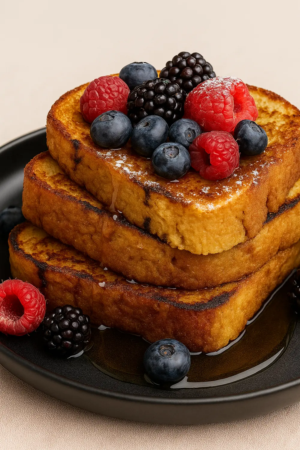 Thick slices of whole grain bread served with fresh berries and syrup on a black plate, perfect for clean eating