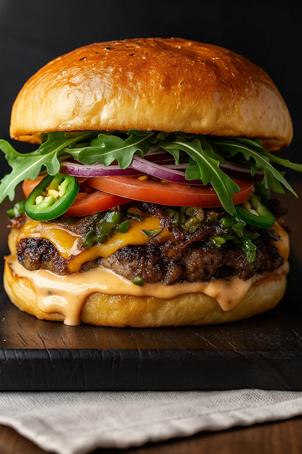 Classic beef burger with pepper jack cheese, jalapeño sauce, arugula, and tomato on a toasted bun