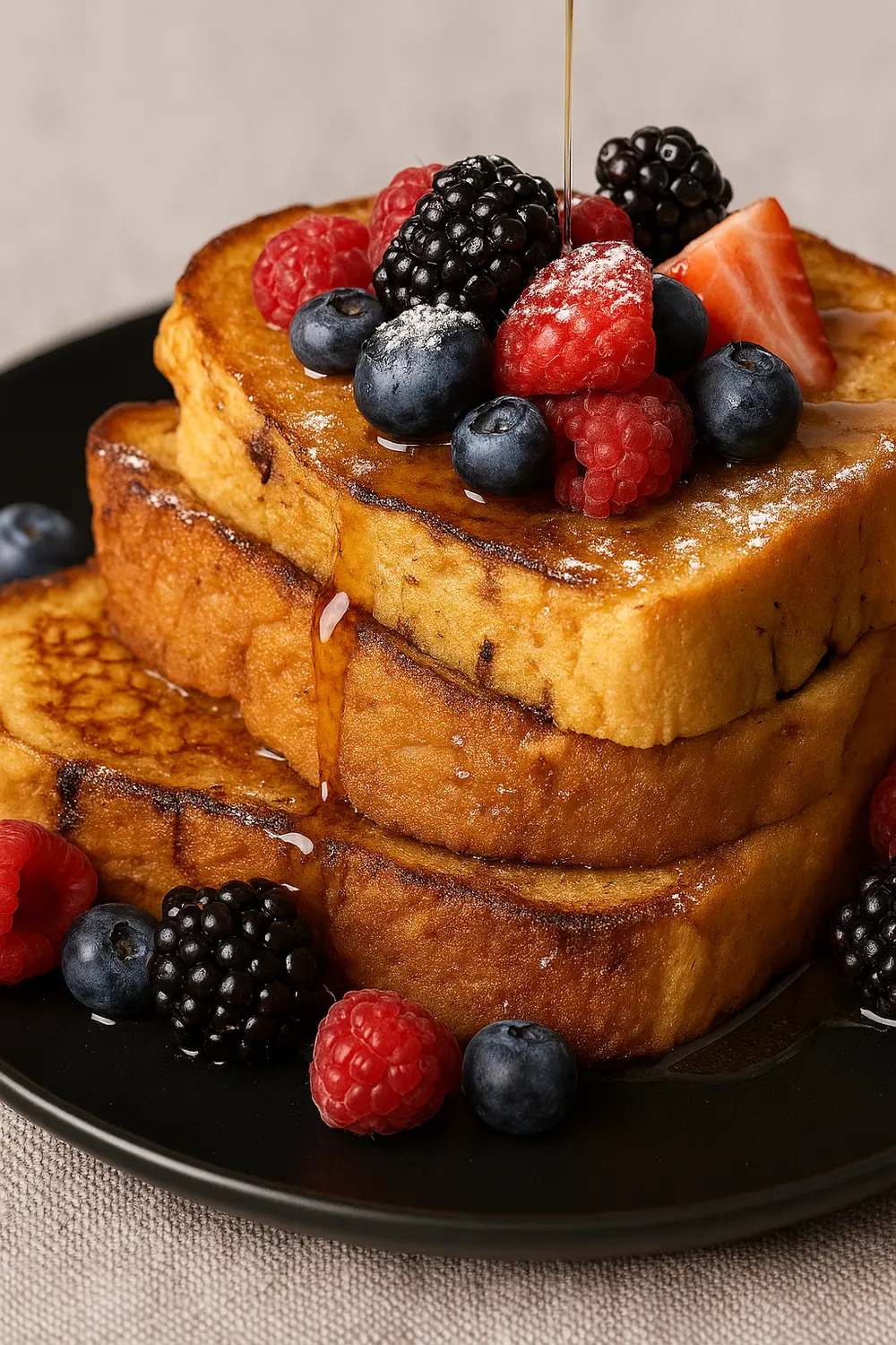 Best French toast recipe stacked high with syrup and fresh mixed berries on a black plate