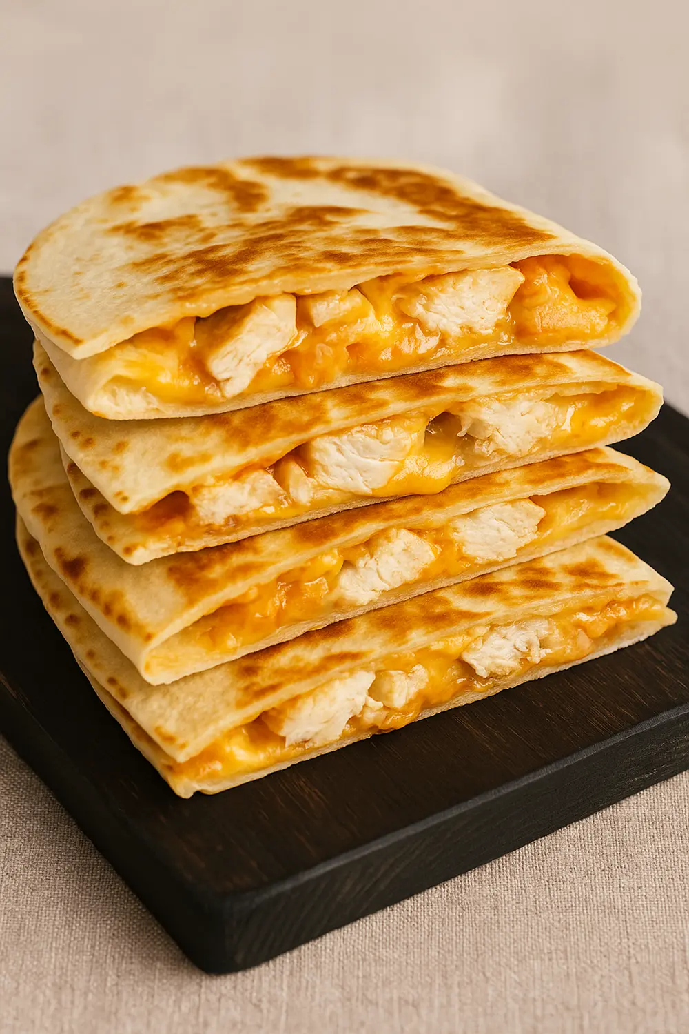 Golden brown chicken and cheese quesadilla slices stacked neatly on a dark wooden board