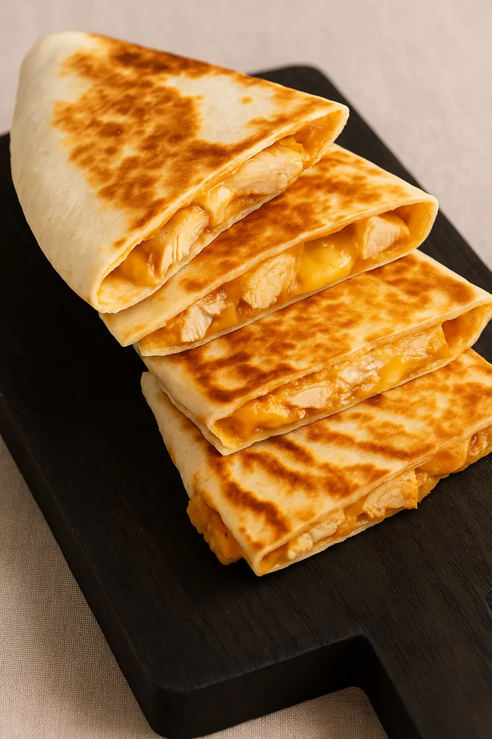 Easy chicken quesadilla recipe with melted cheese and grilled tortillas served on a wooden platter