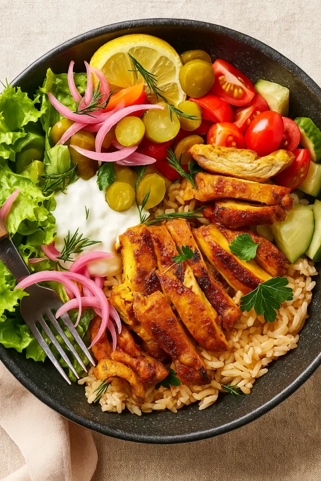 Chicken shawarma bowl with garlic sauce, pickles, and flatbread