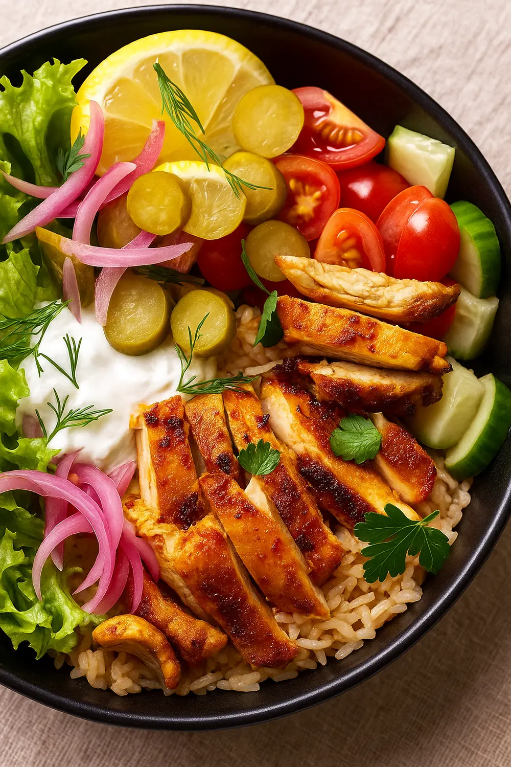 Easy chicken shawarma bowl recipe featuring grilled chicken, rice, vegetables, and garlic sauce in a black bowl.