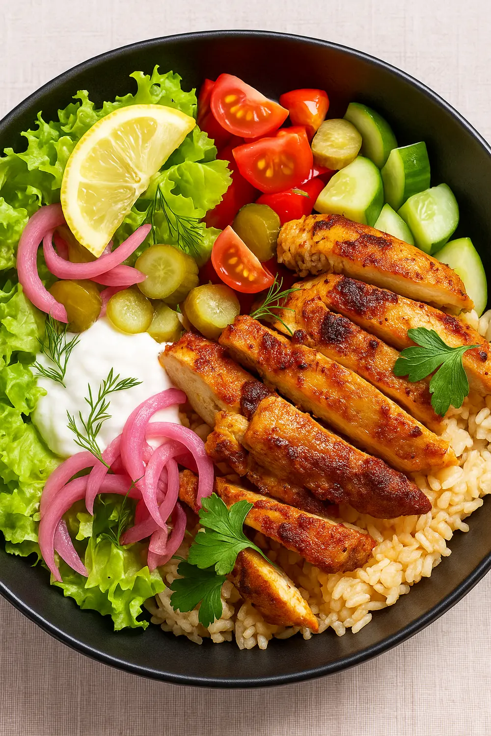 Chicken Shawarma Rice Bowl with golden chicken strips, fluffy rice, lettuce, tomatoes, cucumbers, and pickled onions.