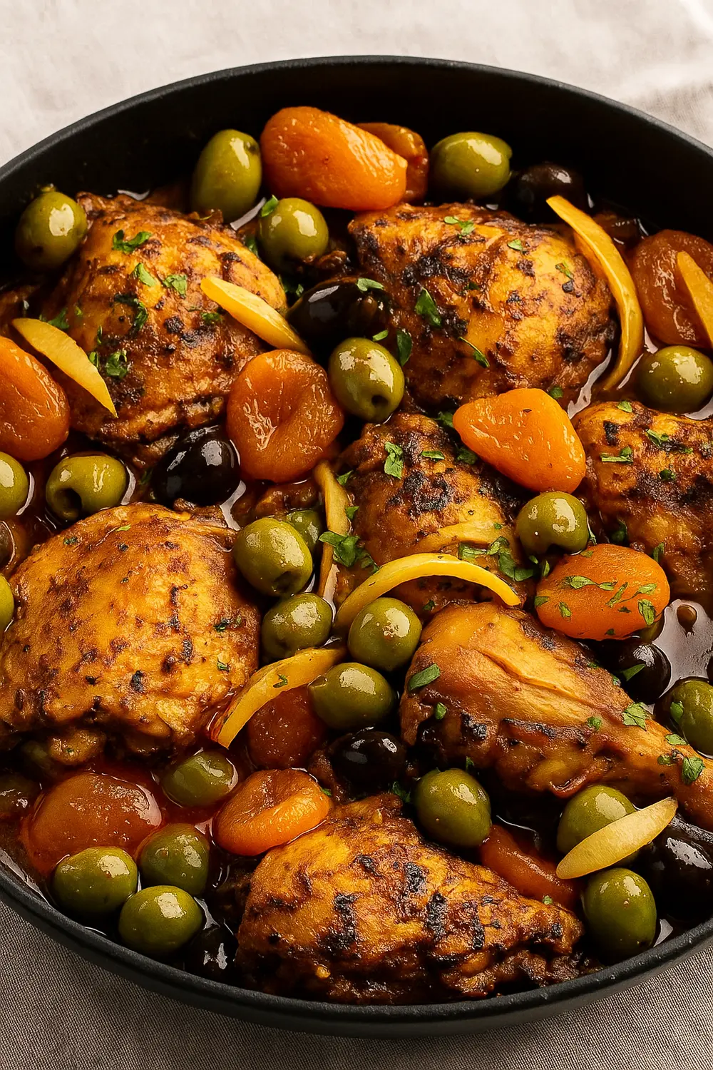 Chicken Tagine served in a skillet with juicy chicken, olives, dried apricots, and traditional Moroccan spices.