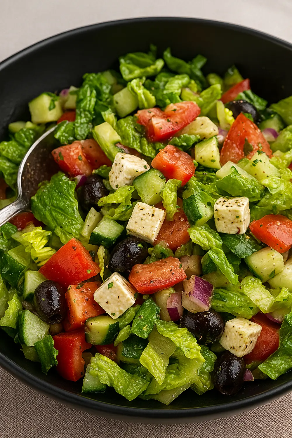 Easy Greek salad recipe with chopped cucumbers, tomatoes, romaine lettuce, black olives, feta cheese cubes, and fresh herbs in a black bowl