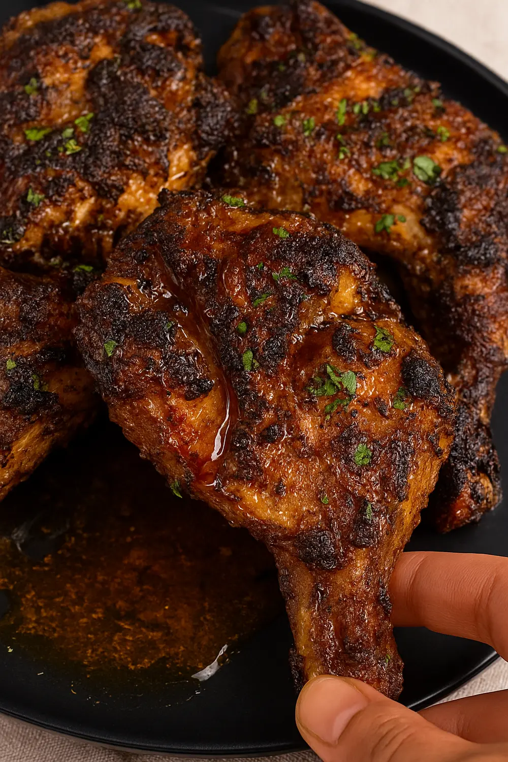 Easy grilled BBQ chicken leg quarters with crispy charred skin and fresh herb garnish, perfect for anyone following a low carb diet plan.