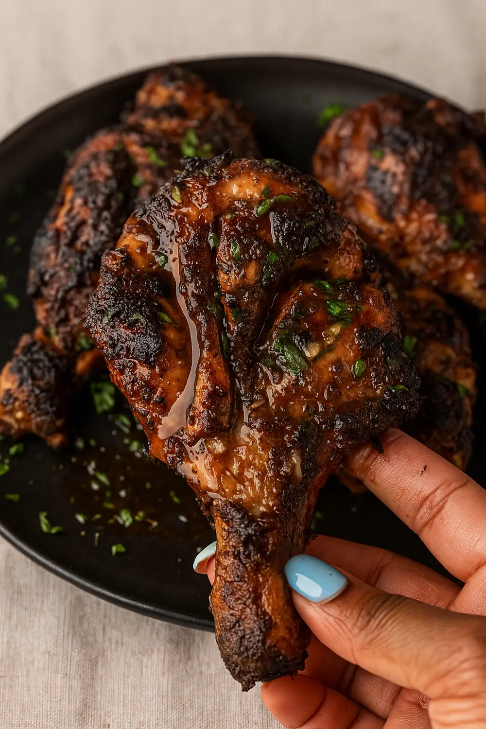 Easy grilled BBQ chicken thighs with a smoky char and fresh herbs, served hot on a black plate, the best grilled chicken recipes.