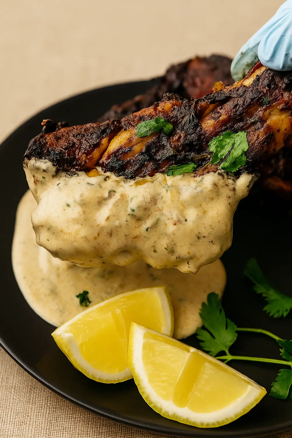 Grilled chicken thighs drizzled with a creamy sauce, garnished with lemon wedges and cilantro.