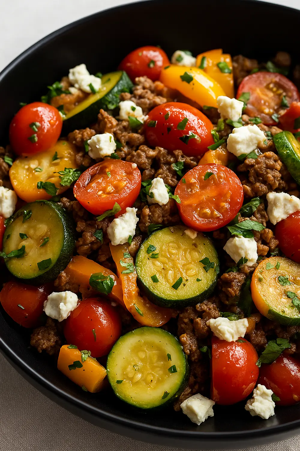 Ground beef stir fry recipe with fresh zucchini, tomatoes, bell peppers, parsley, and feta cheese served in a black bowl