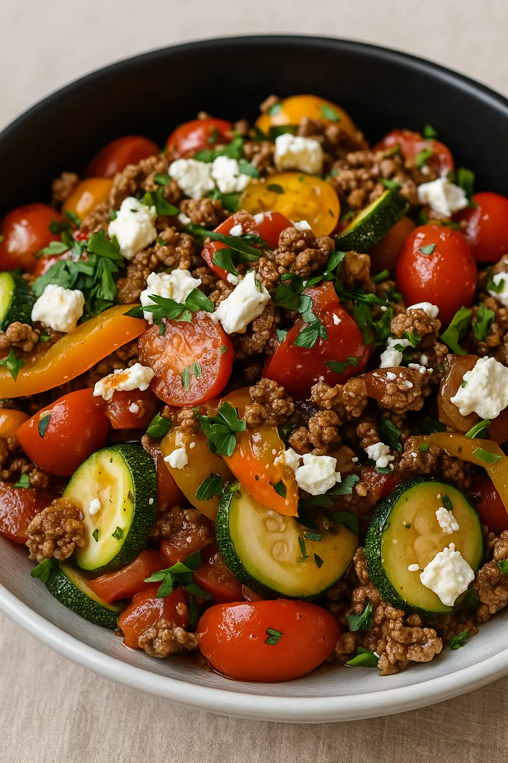 Ground beef stir fry with zucchini slices, tomatoes, bell peppers, parsley, and feta cheese, perfect for those following an endomorph diet plan.