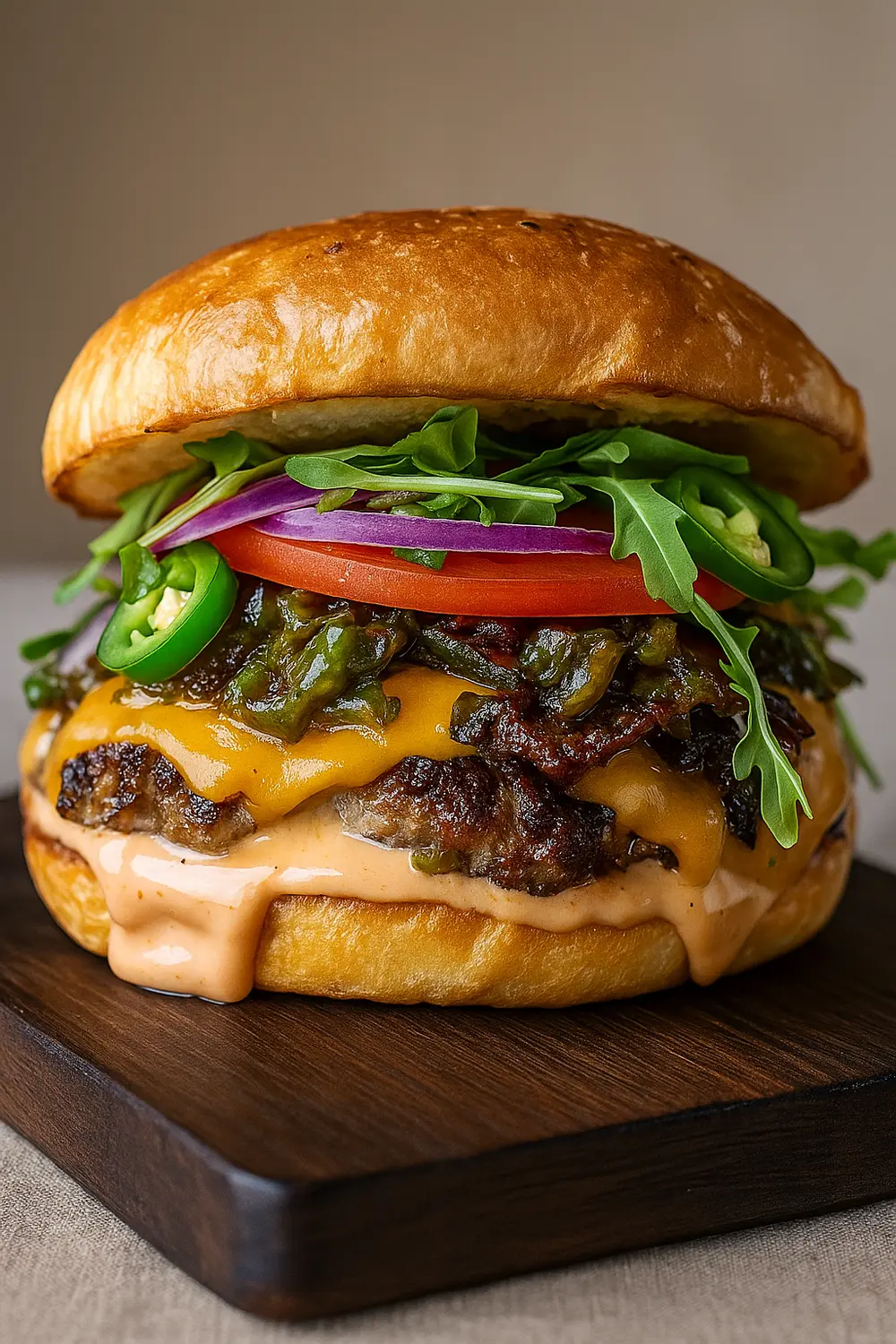 Grilled beef chipotle burger with jalapeño sauce, cheddar cheese, arugula, and tomato on a toasted bun