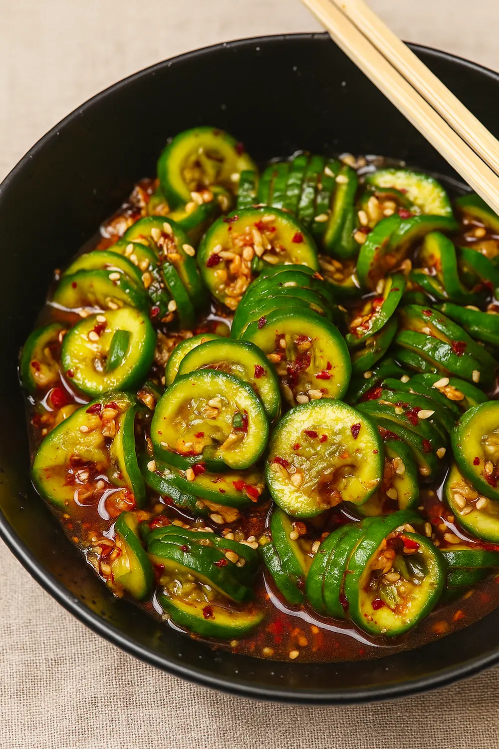 Authentic Korean cucumber salad (Oi Muchim) with chili flakes, garlic, and sesame seeds.