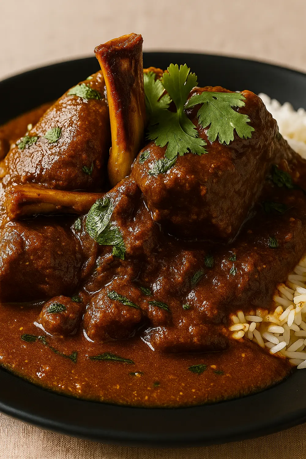 Lamb Rogan Josh recipe showing tender lamb in a Kashmiri-style curry with basmati rice and fresh coriander garnish.